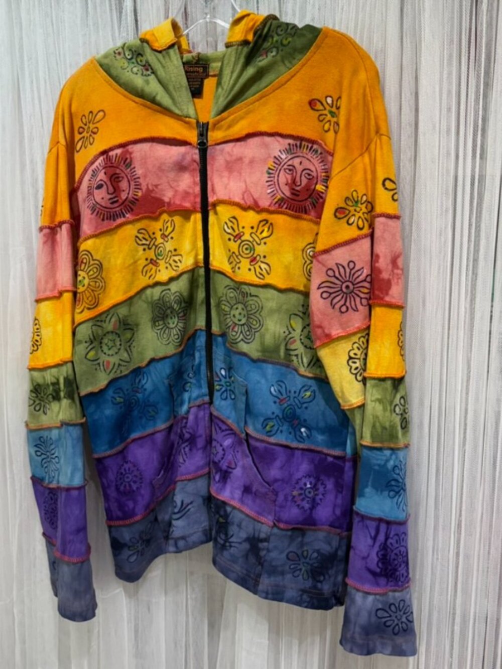 Rising International Rainbow Patchwork Hoodie Women’s XL Boho Hippie Tie Dye - Picture 2 of 10